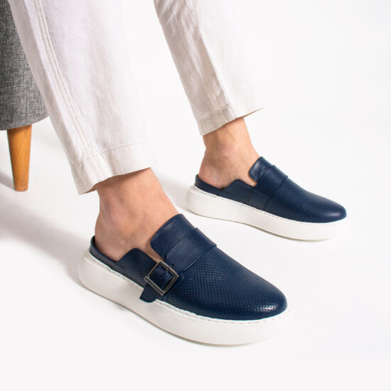 Dunkelblaue Clogs für Herren aus echtem Leder mit Schnalle