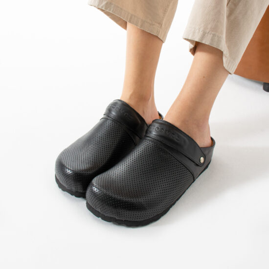 Damen Clogs mit Fußbett Leder in Schwarz
