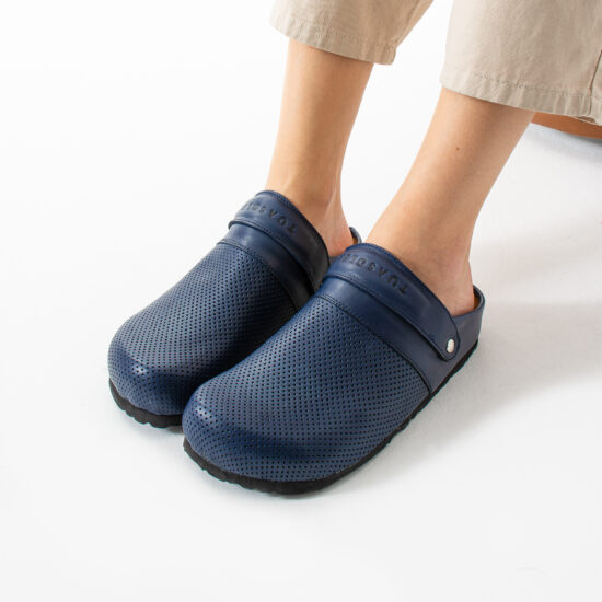 Damen Clogs mit Fußbett Leder in Dunkelblau