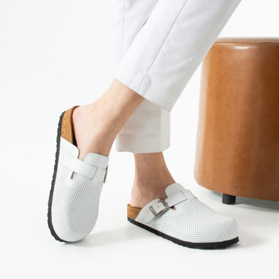 Weiße  Damenclogs mit Fußbett aus echtem Leder