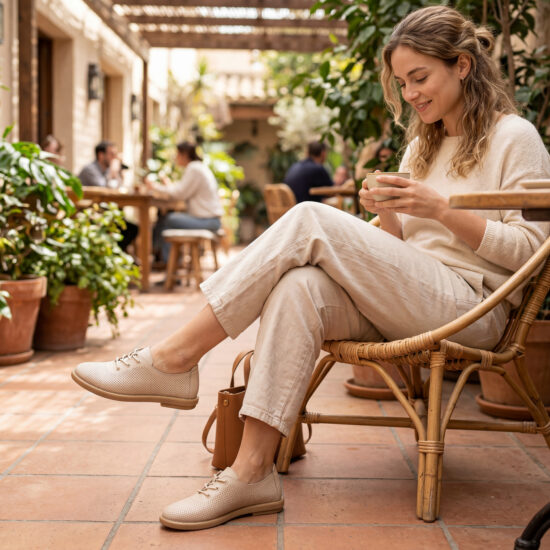 Bequeme Damenschuhe aus beigem Leder mit Memory Foam - Бежов