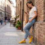 Gelbe bequeme Damenschuhe aus Leder mit Memory Foam - Draufsicht
