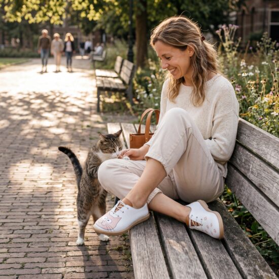 Bequeme Damenschuhe aus Leder mit Memory Foam und Katzenprint - Бял Розов