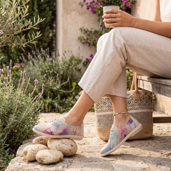 Bequeme Damenschuhe aus Leder mit Memory Foam in buntem Muster - Бежов Цветен