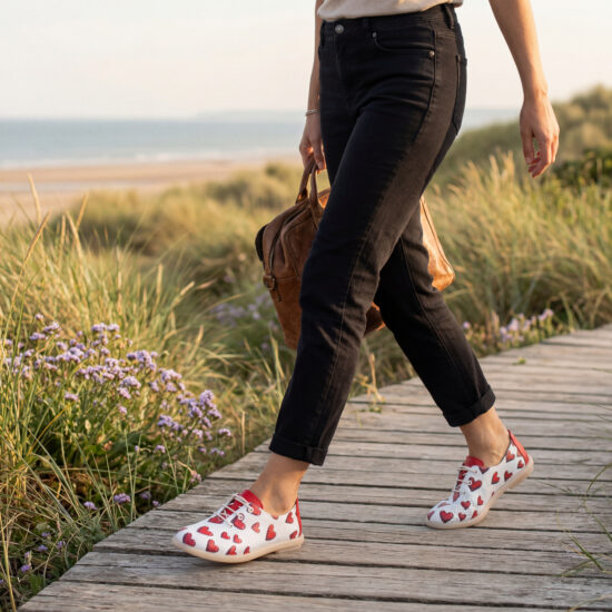 Bequeme weiße Damenschuhe aus Leder mit Memory Foam – rotes Herzmuster - Бял Червен