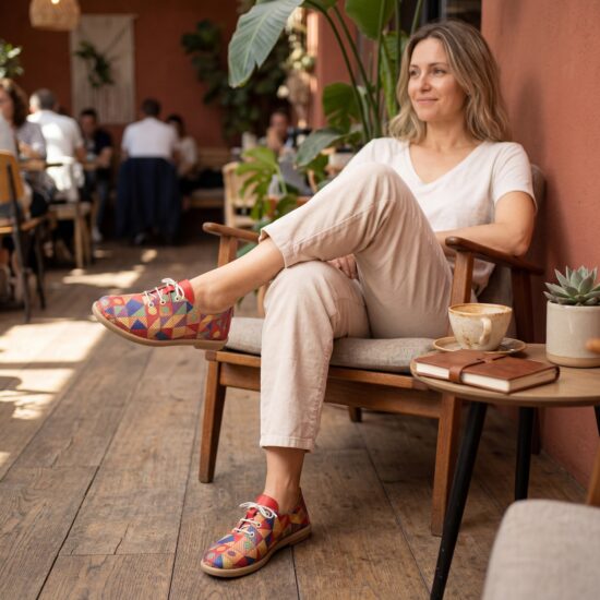 Bequeme Lederschuhe mit buntem Print und Memory Foam - Червен Син