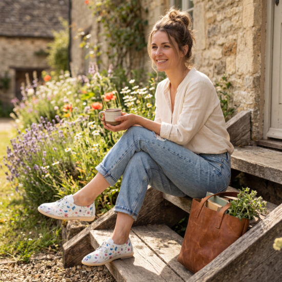 Bequeme Damenschuhe aus Leder mit Memory Foam in Blumenprint - Бял Цветен