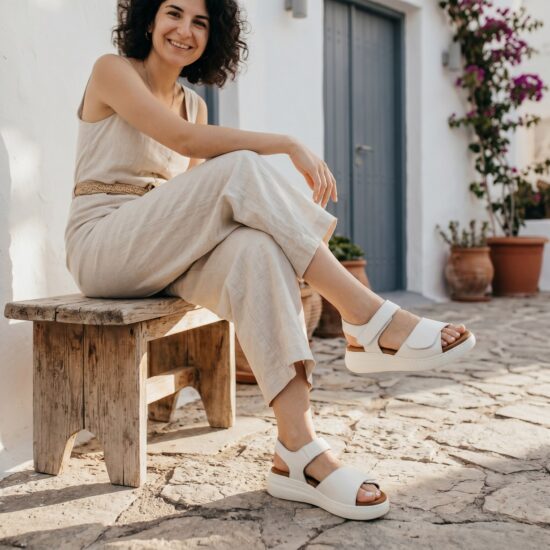 Damen-Sandalen aus Leder mit Wechselfußbett und Klettverschluss - Бял