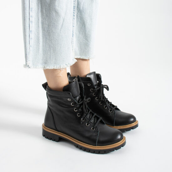 Schwarze Damen-Schnürboots aus echtem Leder