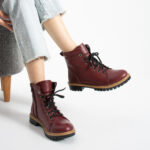 Bordeauxrote Damen-Schnürboots aus echtem Leder - Leder