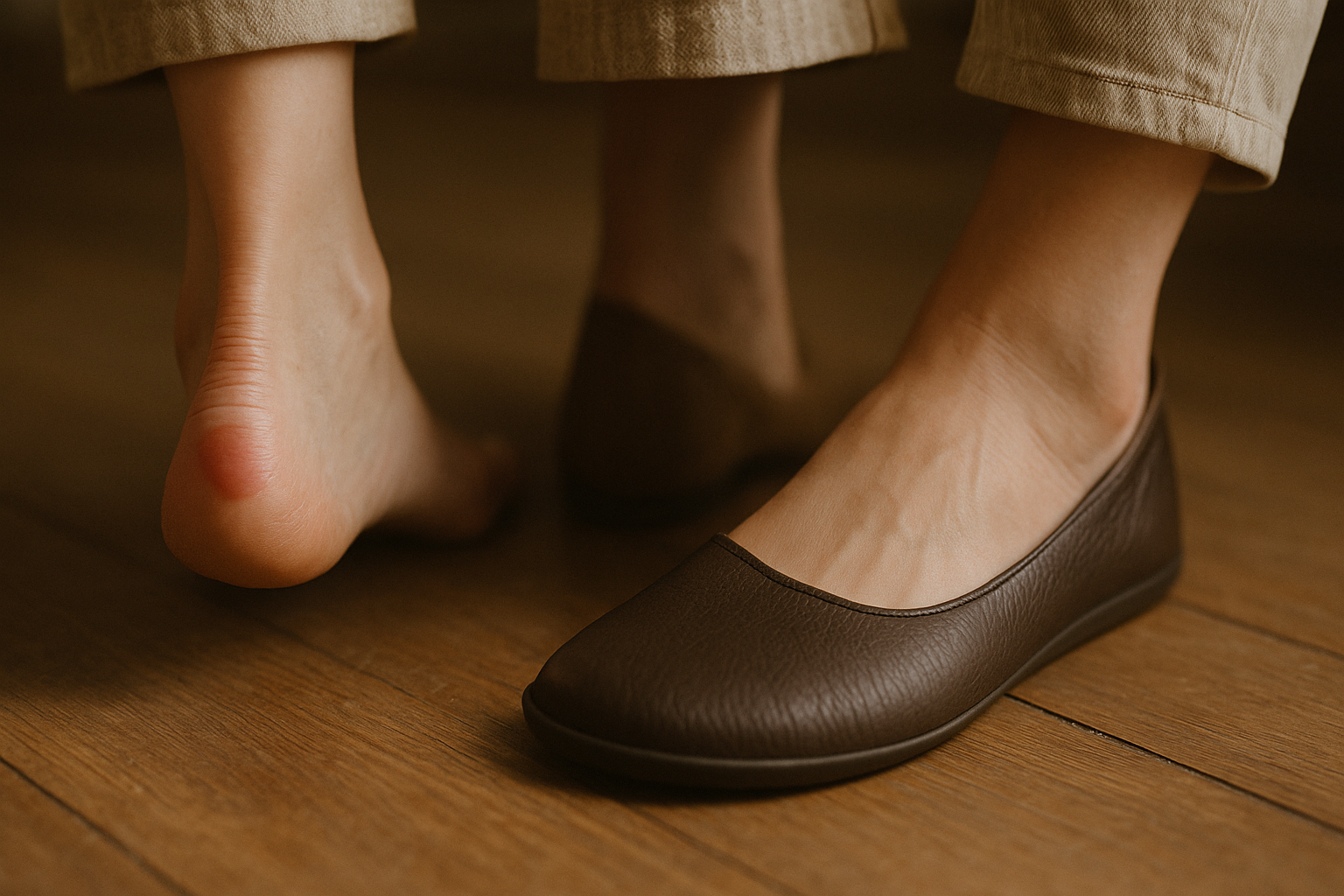 close-up of two women's feet, one with a visible blister and the other comfortably wearing flexible leather barefoot sho