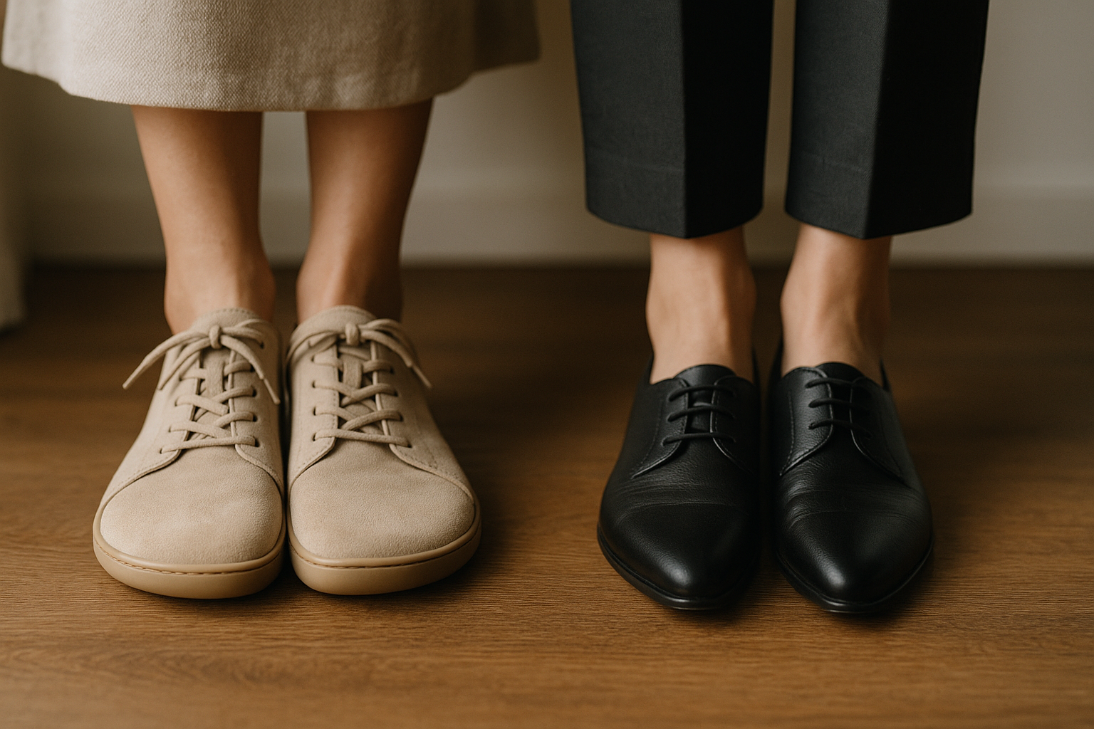 close-up of two pairs of women's feet standing on wooden flooring: one in wide barefoot sneakers with a splayed toe box,