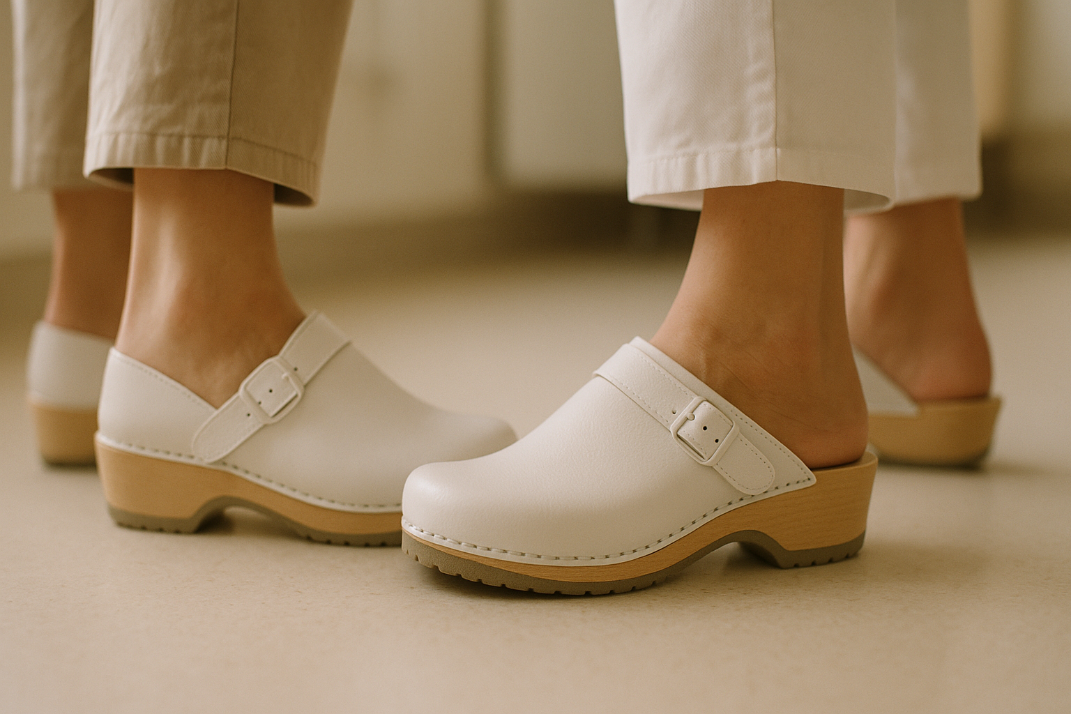 close-up of two women's feet in orthopaedic white leather clogs on a light medical clinic floor, focus on heel and outso